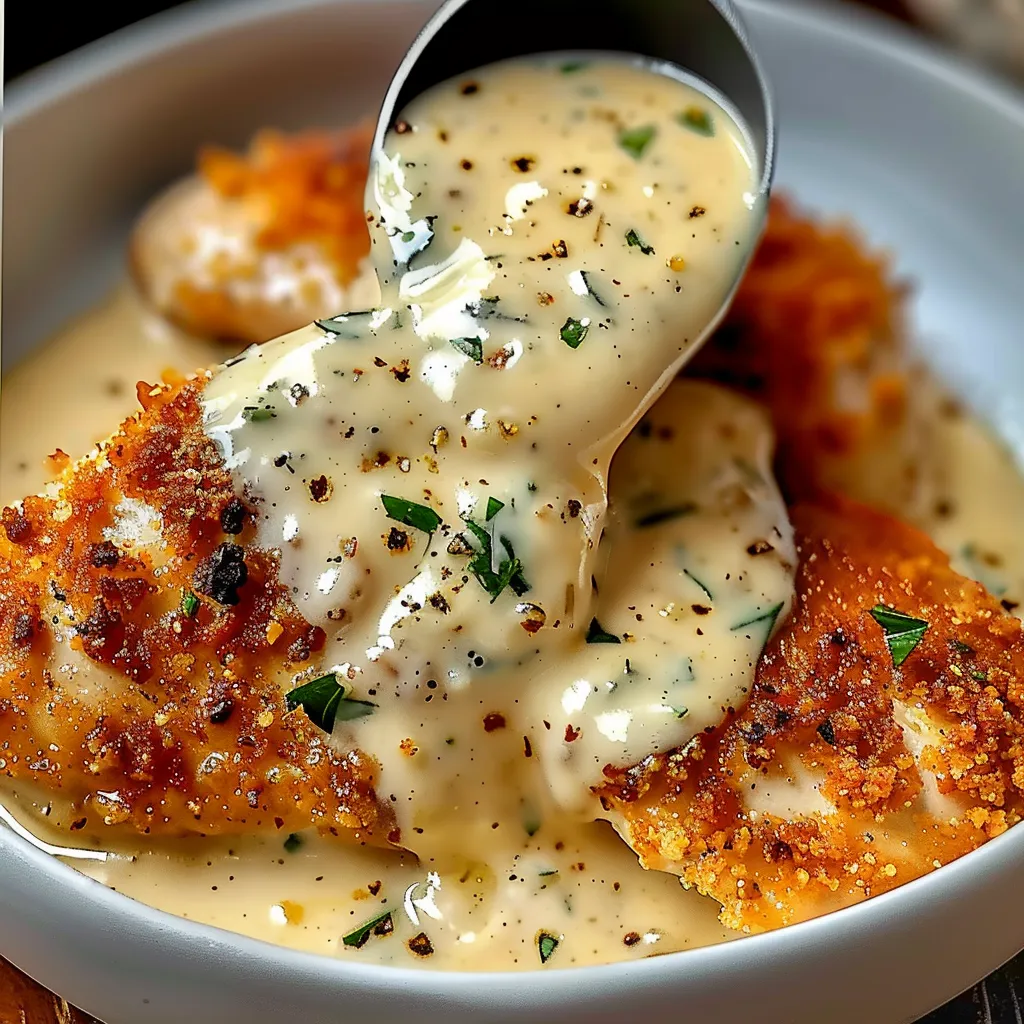 A bowl of Parmesan crusted chicken with creamy garlic sauce.