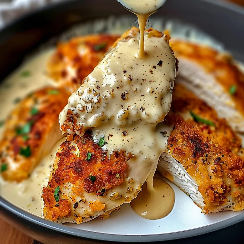 A plate of Parmesan crusted chicken with creamy garlic sauce.