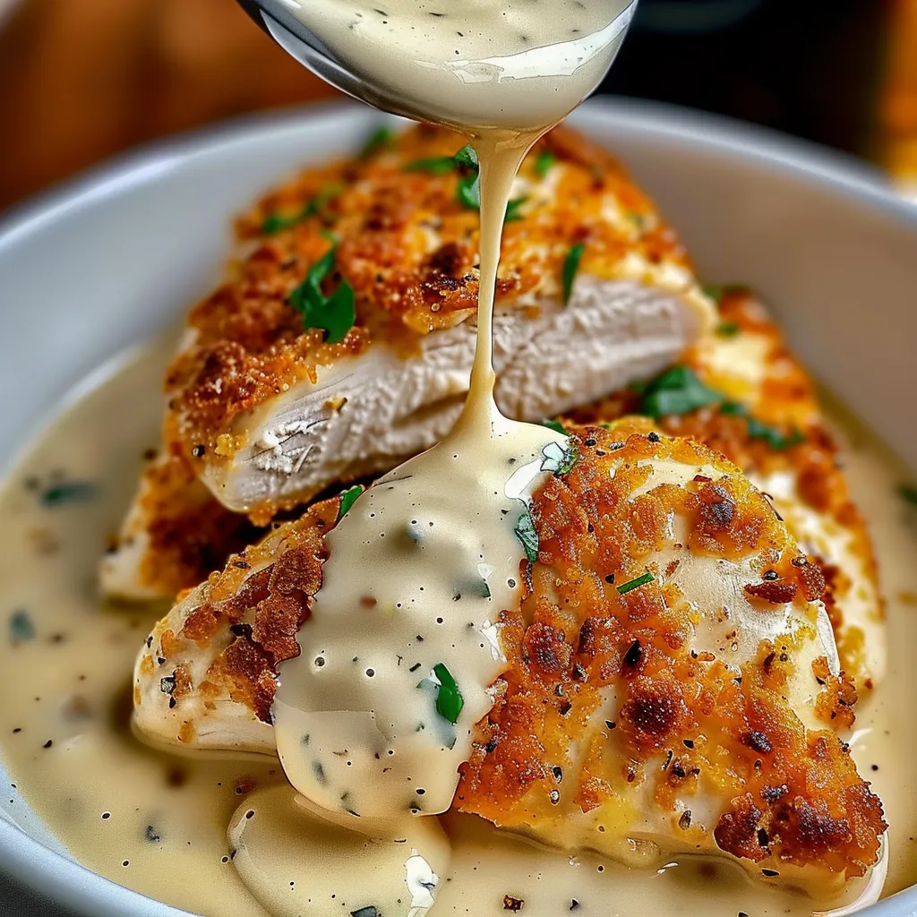 A bowl of Parmesan crusted chicken with creamy garlic sauce.