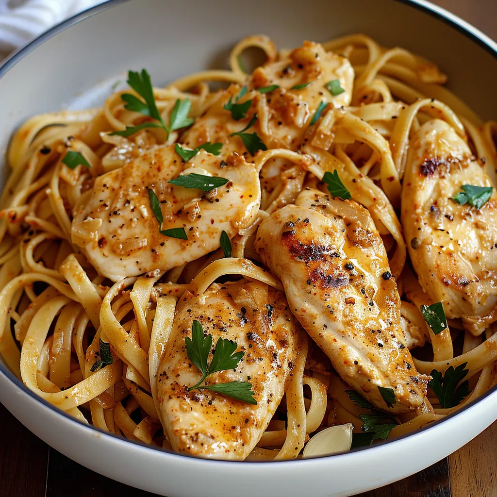 A bowl of pasta with chicken and herbs.