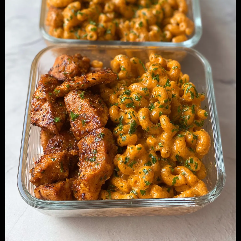 A dish of chicken and mac and cheese.