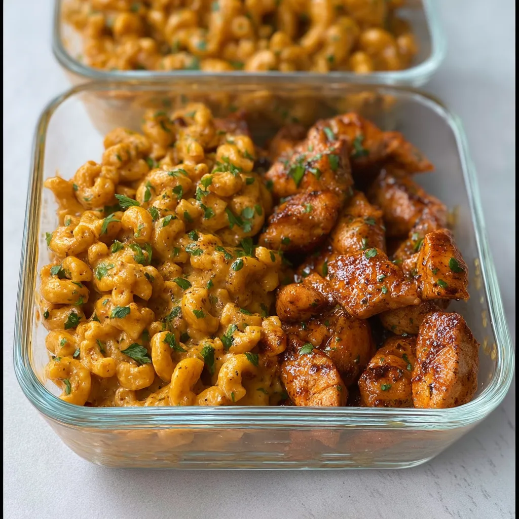 A dish of mac and cheese and chicken.