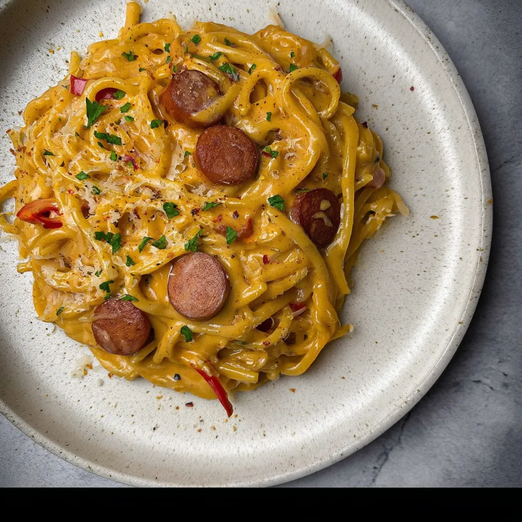 A plate of creamy sausage pasta.