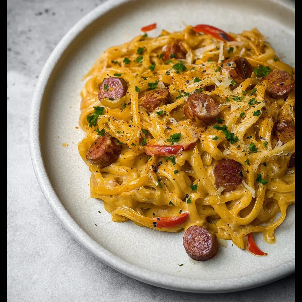 A plate of pasta with sausage and peppers.