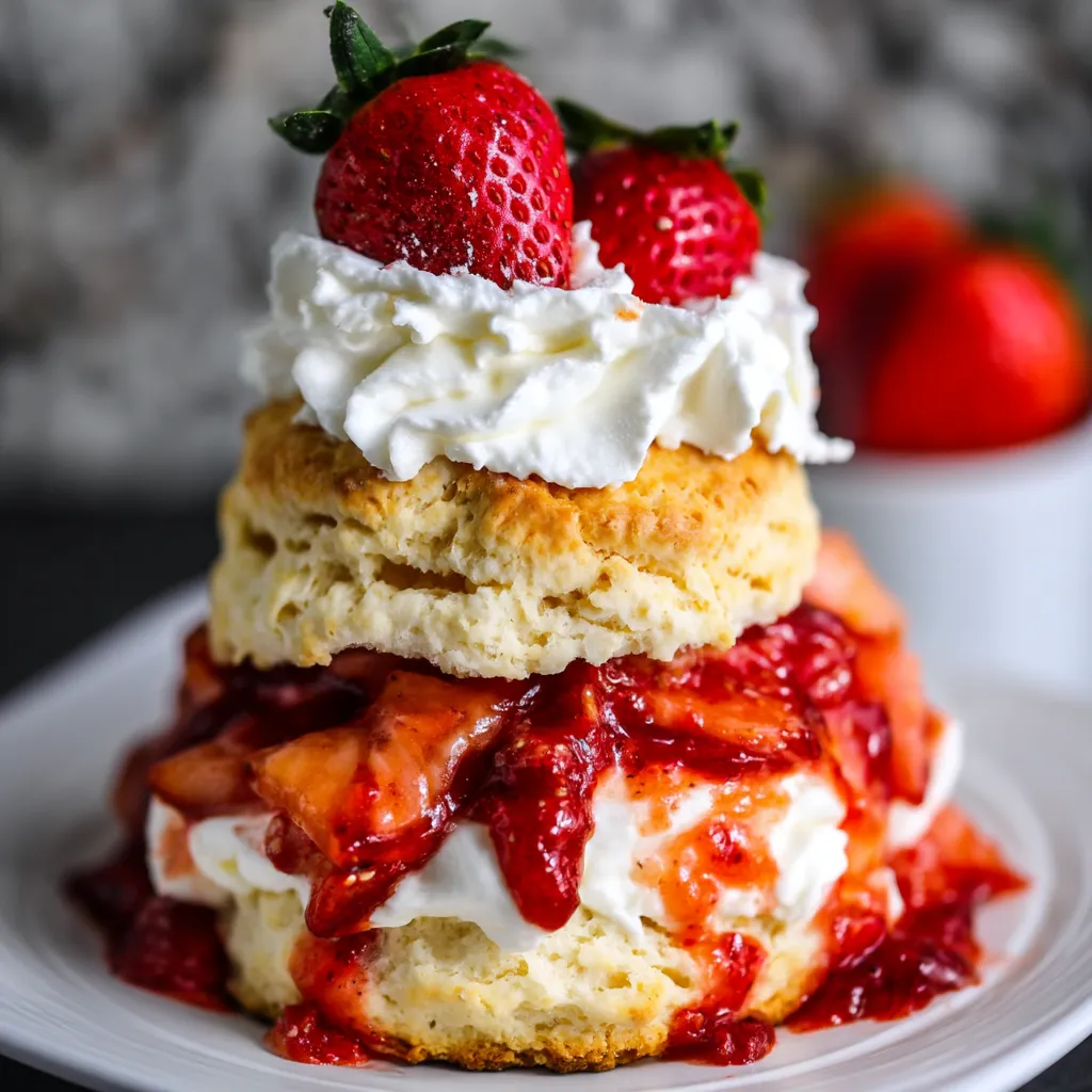 A stack of strawberry shortcake with whipped cream on top.