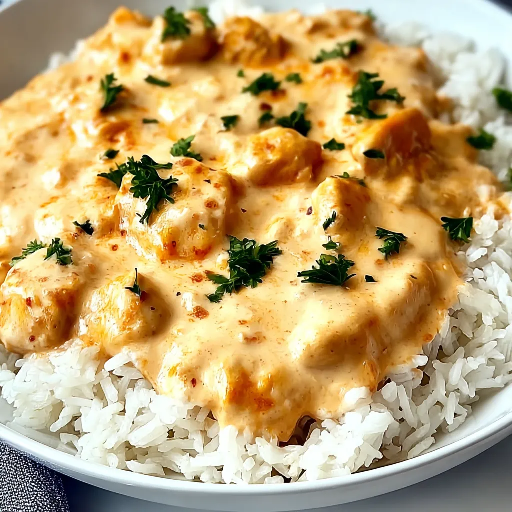 A bowl of rice with creamy smothered chicken.