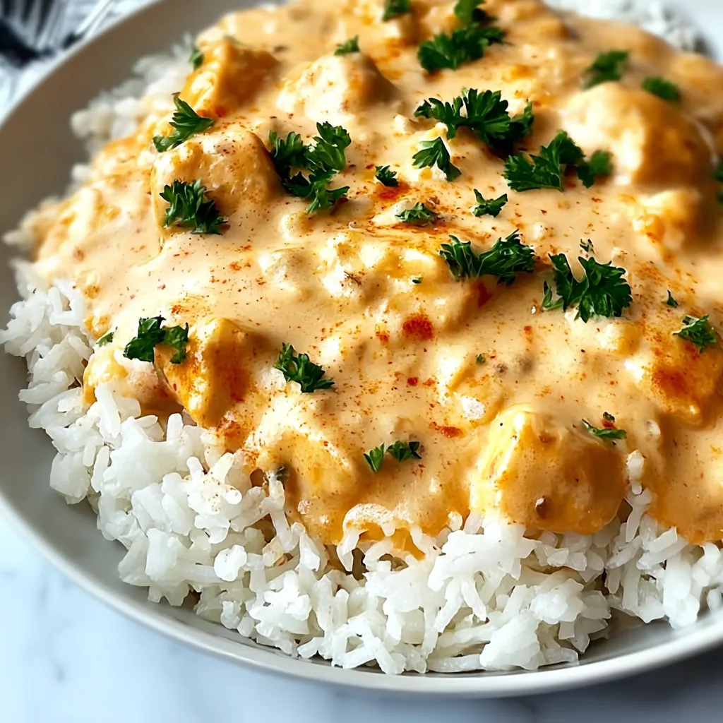 A plate of rice and chicken covered in a creamy sauce.